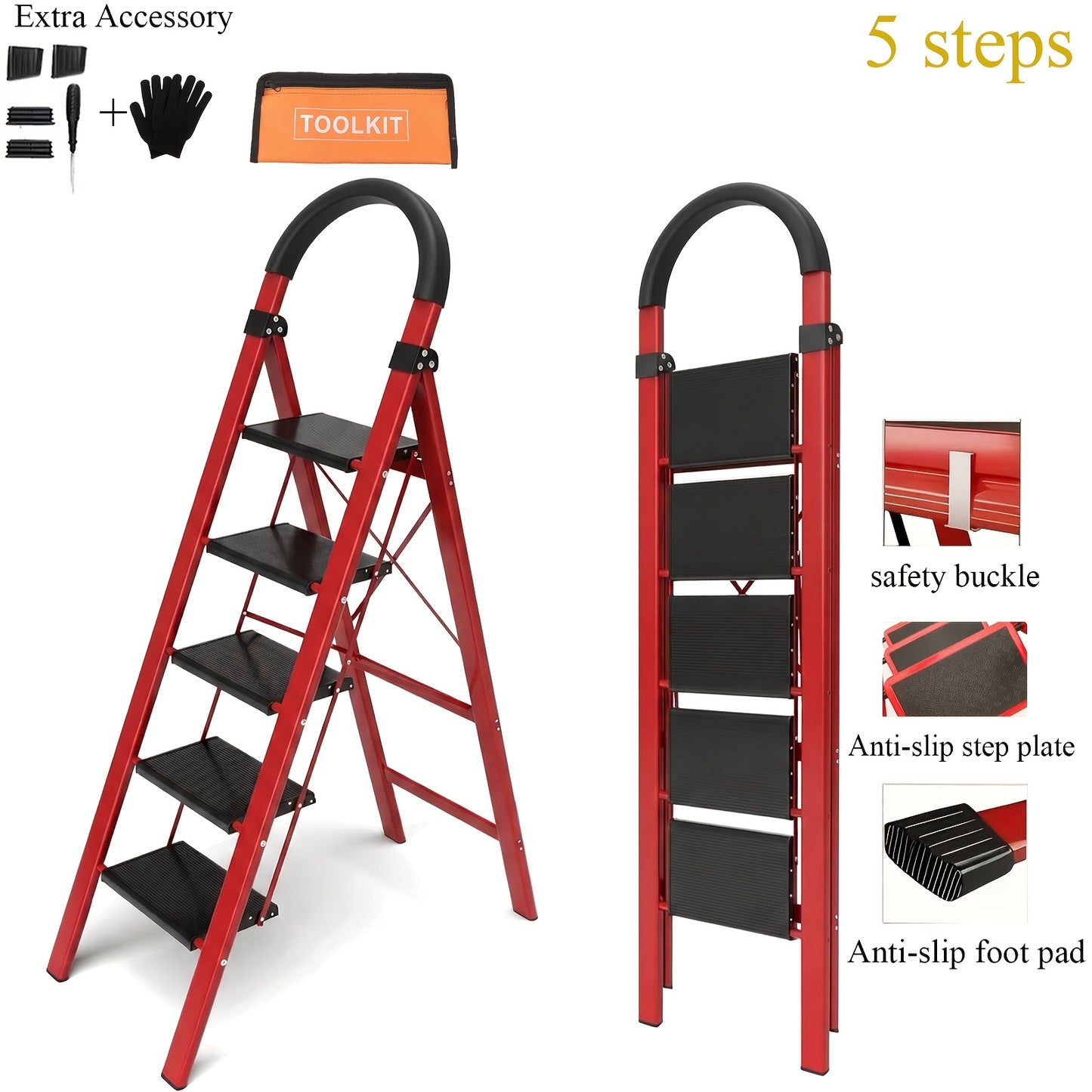 🪜2‑5 Step Folding Ladder | Anti‑Slip Wide Steps, 330 Lbs Heavy‑Duty Capacity